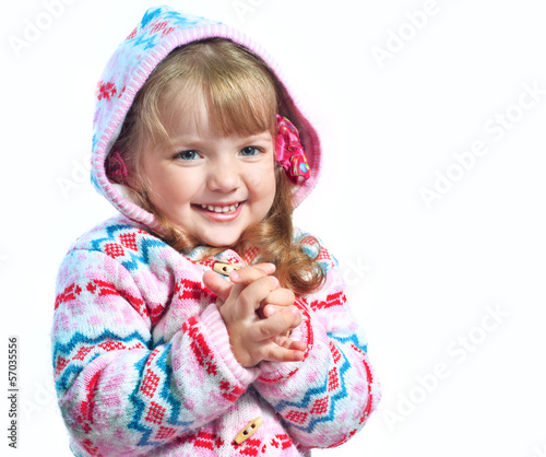 beautiful little girl wearing a jacket on a white background
