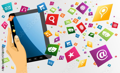 Human hand holds tablet pc with app icons.