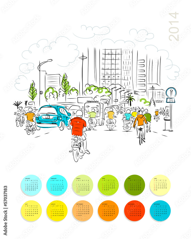 Calendar 2014. Sketch of traffic road in asian city with