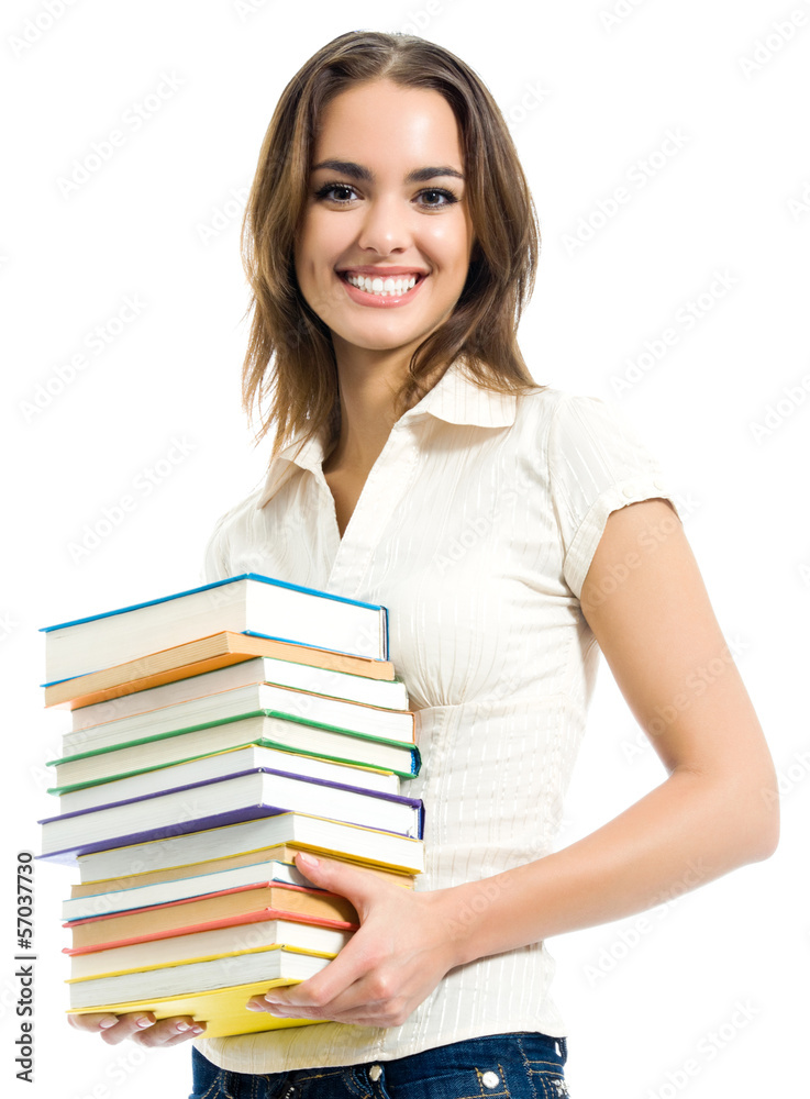 Young smiling woman with textbooks, isolated Young smiling woman with textbooks, isolated