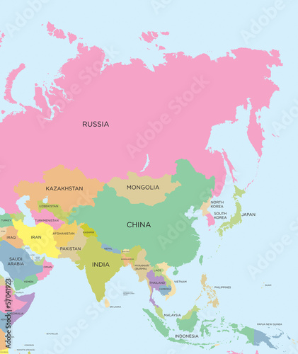 Coloured political map of Asia
