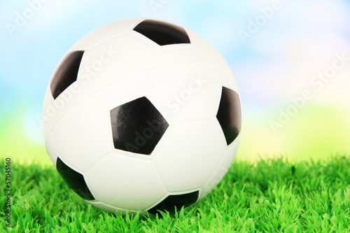 Soccer ball on green grass on bright background