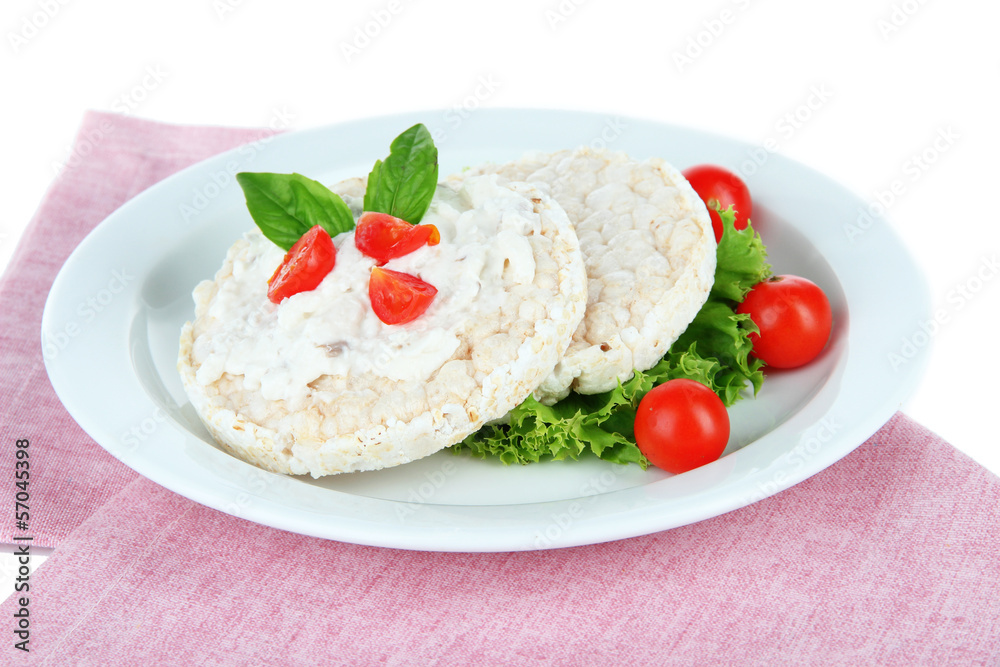 Tasty crispbreads with vegetables, isolated on white