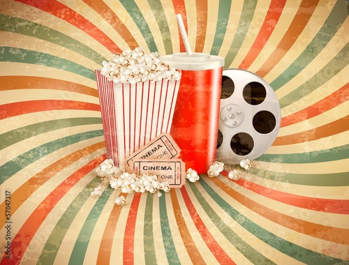 Retro background with Popcorn and a drink. Vector illustration
