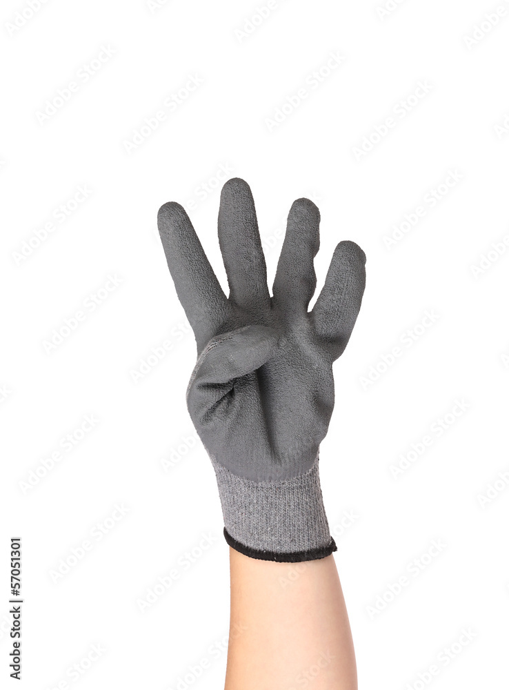 Hand shows four in rubber glove.