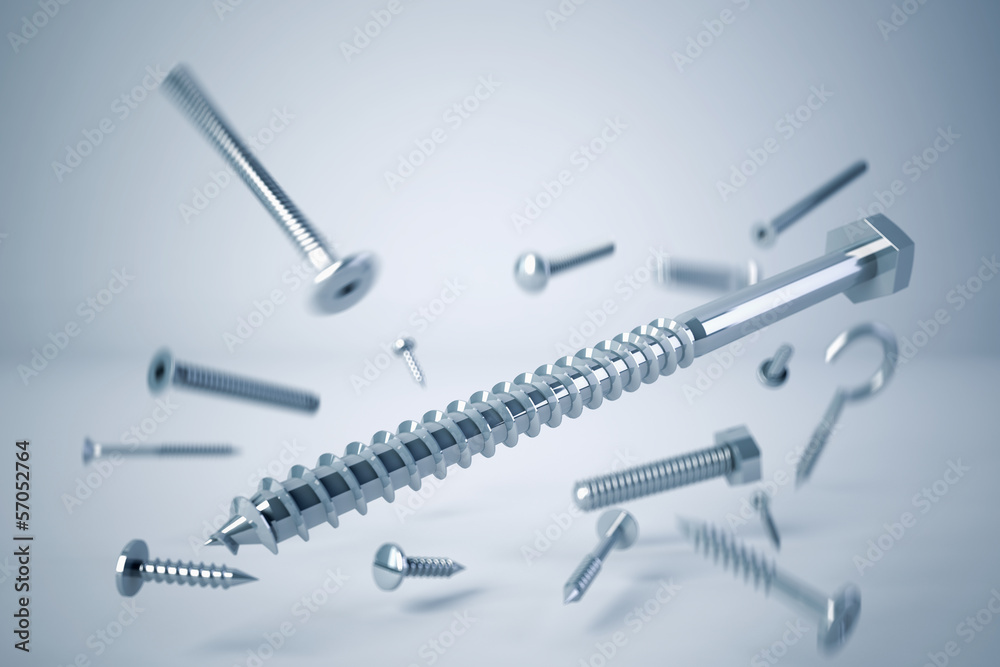 various types of screws and bolts caught in drop - obrazy, fototapety, plakaty 