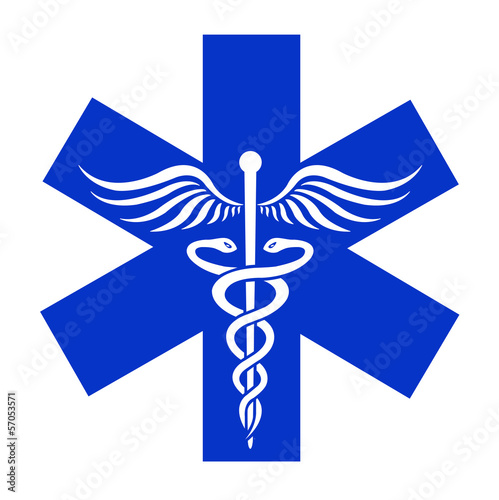 Caduceus sign in blue asterisk - medical icon