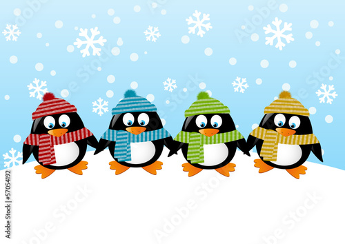 Cute penguins on winter background