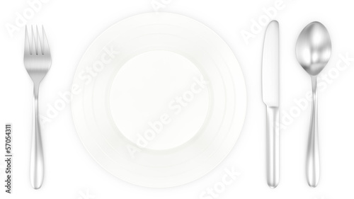 render of empty plate with spoon, knife and fork