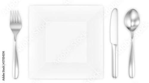 render of empty plate with spoon, knife and fork