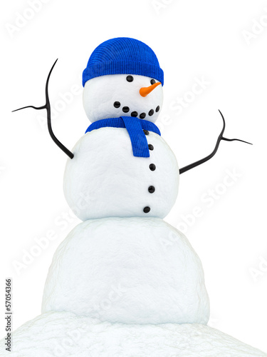 render of a snowman with blue knitted cap and scarf,