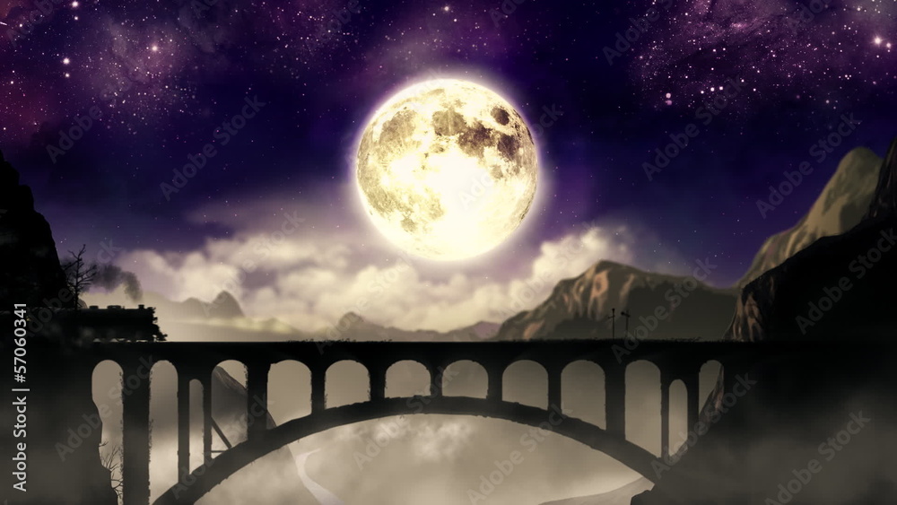 Night train on the mountain bridge HD