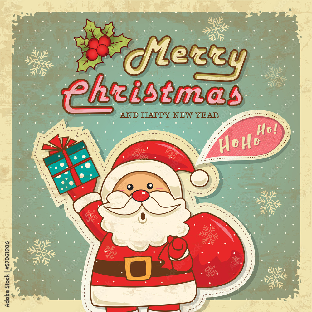 Vintage retro christmas card with cute santa claus