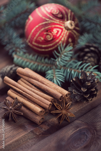 Cinnamon sticks, star anise, fir-tree branches and cones