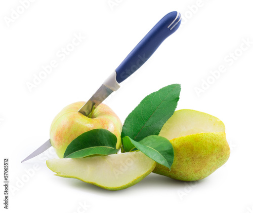 apple and pear with a knife