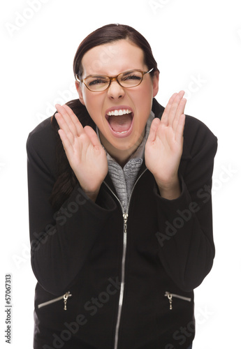 Slika na platnu Angry Mixed Race Businesswoman Yelling at Camera Isolated on Whi