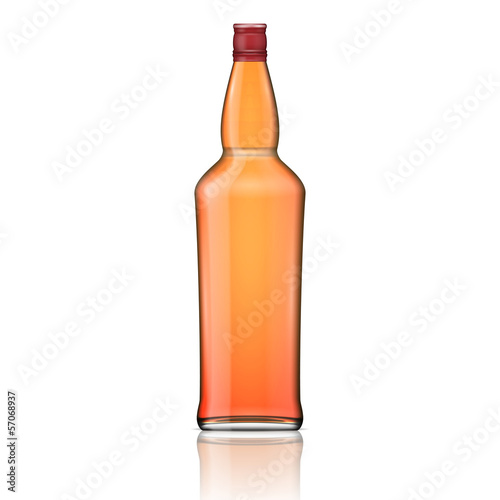 Glass whiskey bottle with red cap.