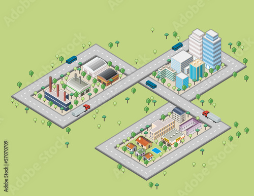 Colorful cartoon isometric city with river