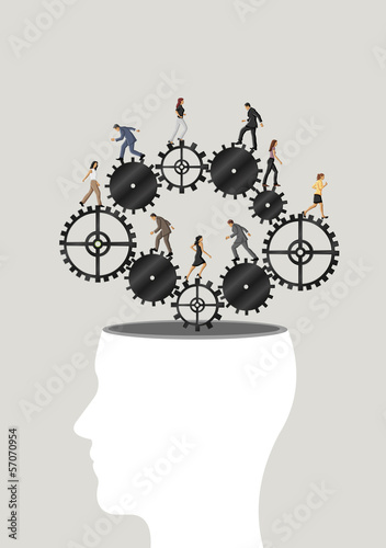 human head with business people over machine gear wheel