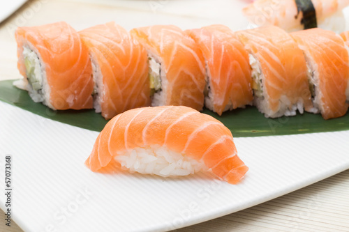 Philadelphia sushi roll with salmon nigiri