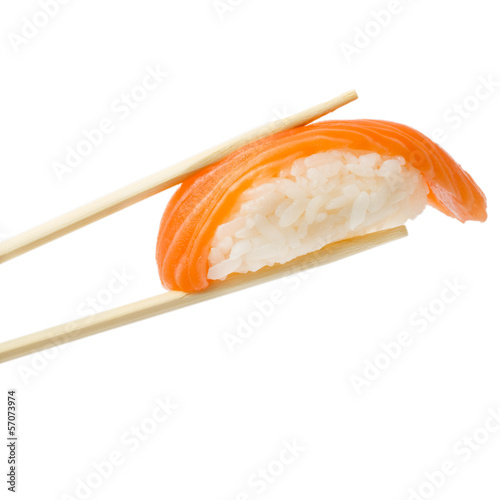 Salmon sushi nigiri with chopsticks