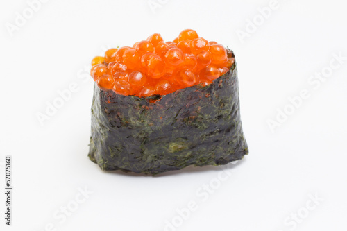 Sushi gunkan with salmon roe on white background