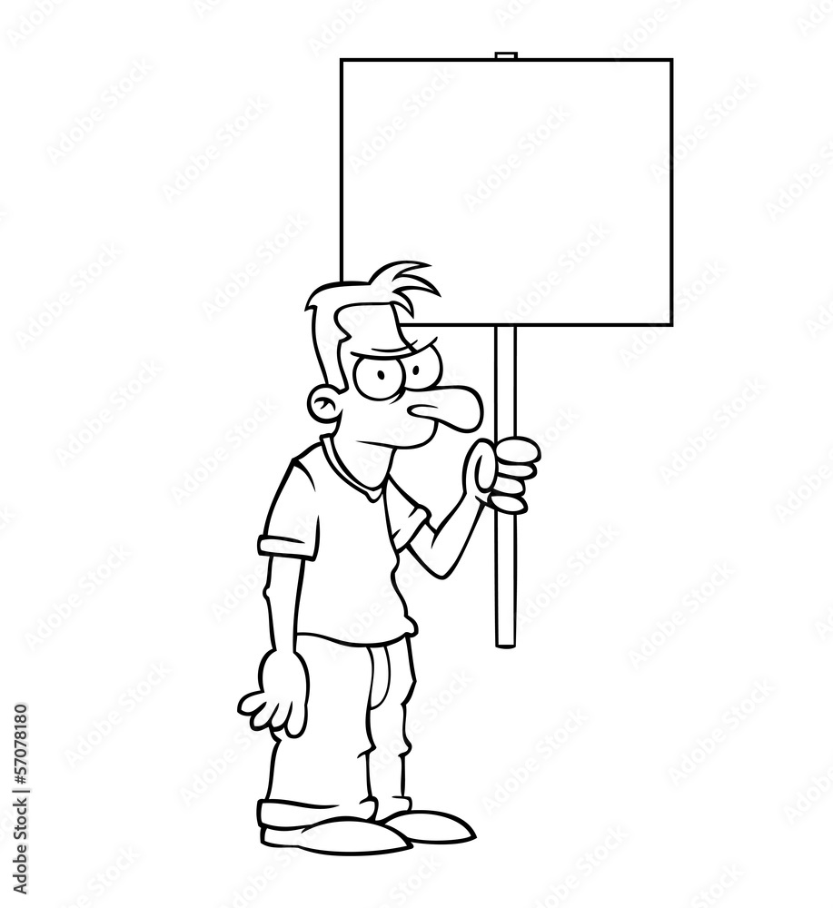 Black and white angry man holding an empty protest sign.