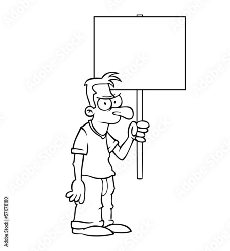 Black and white angry man holding an empty protest sign.