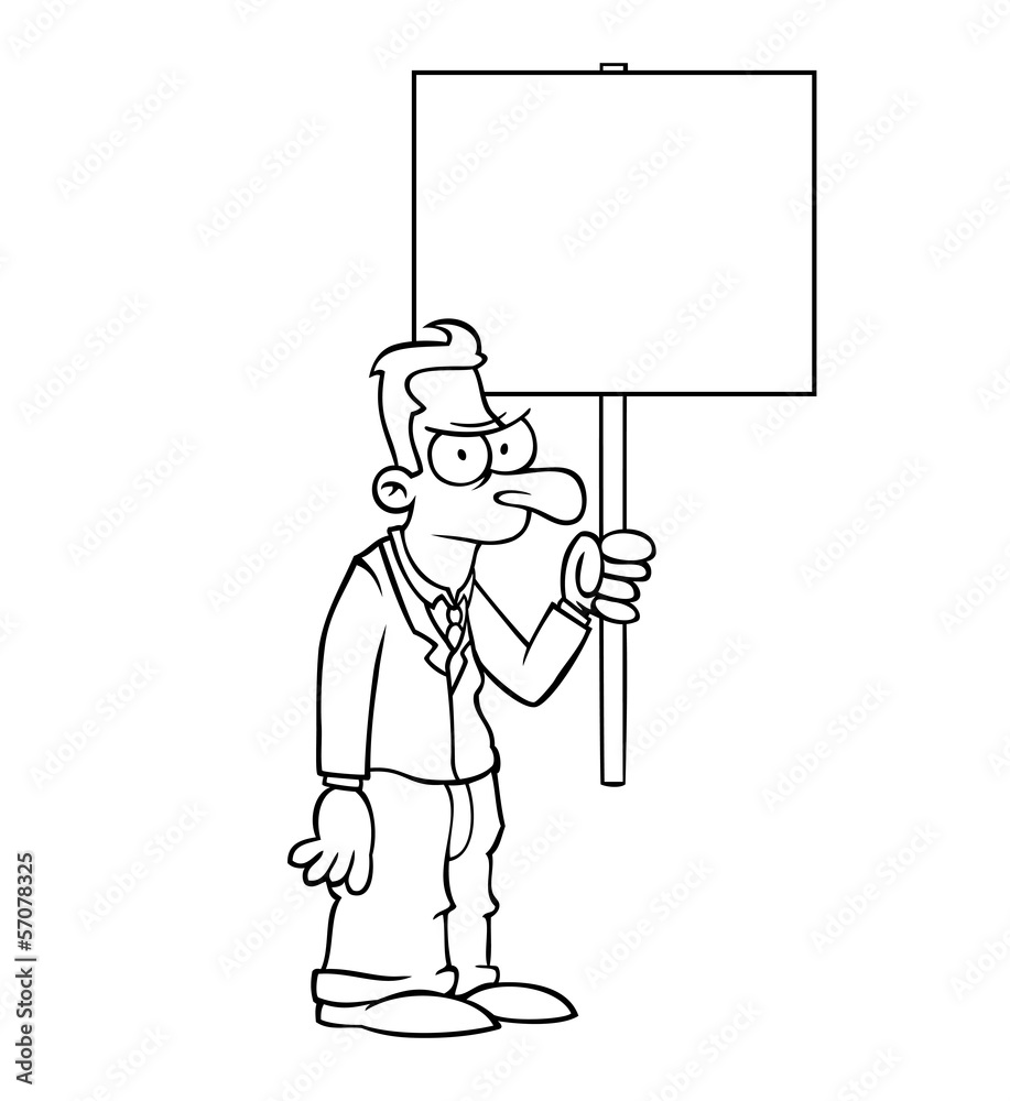 Black and white angry business man holding empty protest sign. Black and white angry business man holding empty protest sign.
