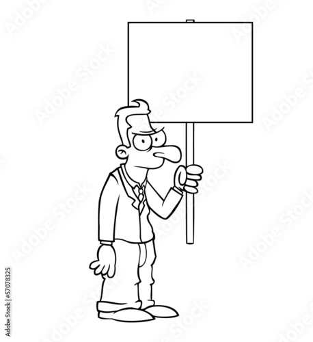 Black and white angry business man holding empty protest sign.