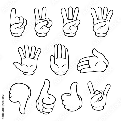 Set of black and white cartoon hands showing various gestures.