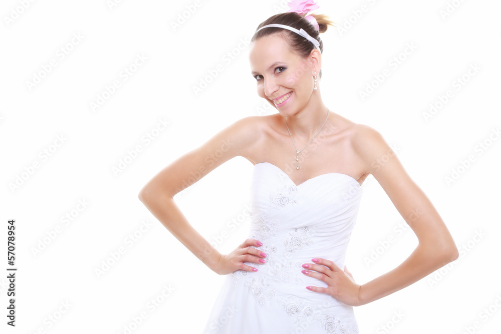 Wedding day. Romantic bride in white dress isolated