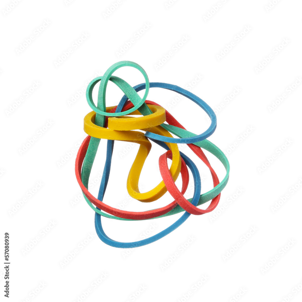Tangled colorful elastic rubber bands isolated on a white backgr Tangled colorful elastic rubber bands isolated on a white backgr