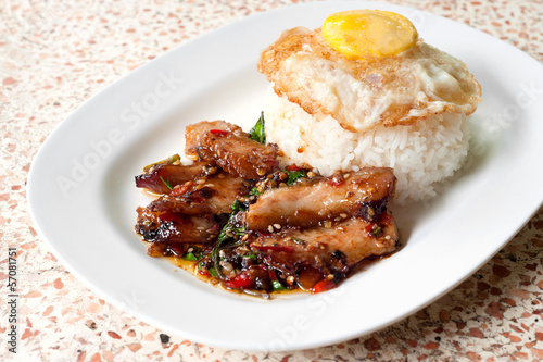 Rice with stir fried hot and spicy pork with basil