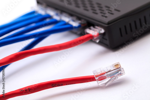 Canvastavla LAN network switch with ethernet cables plugged in