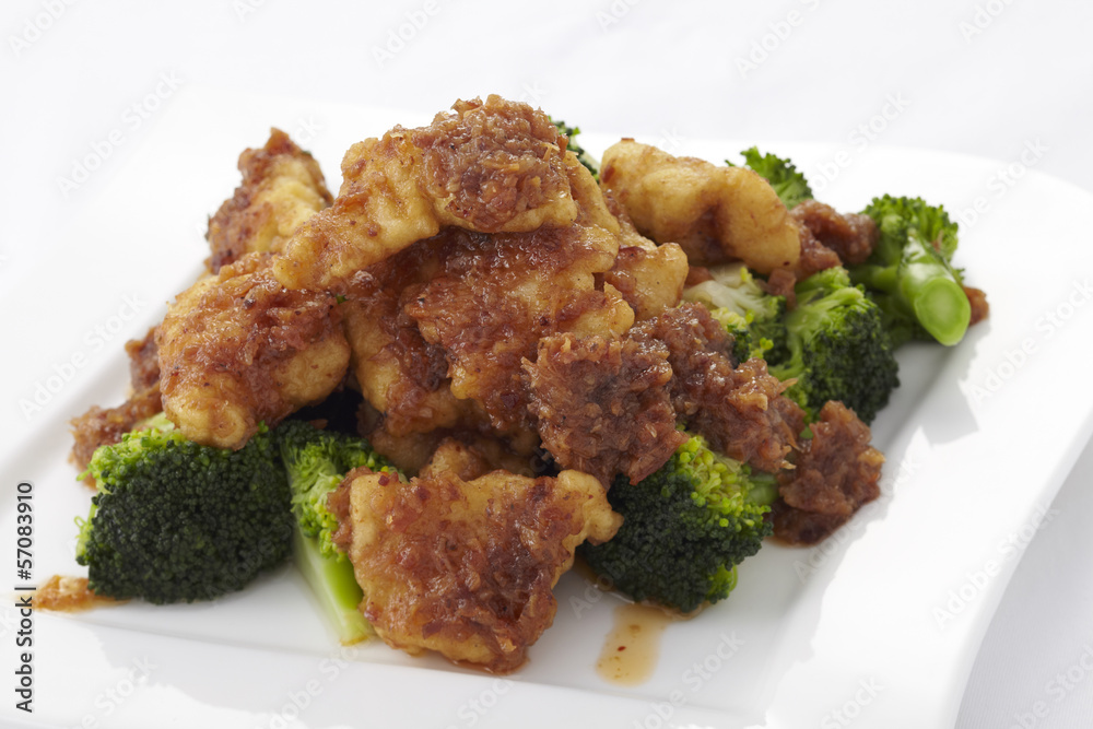 Stir fried crispy fish with broccoli Stir fried crispy fish with broccoli