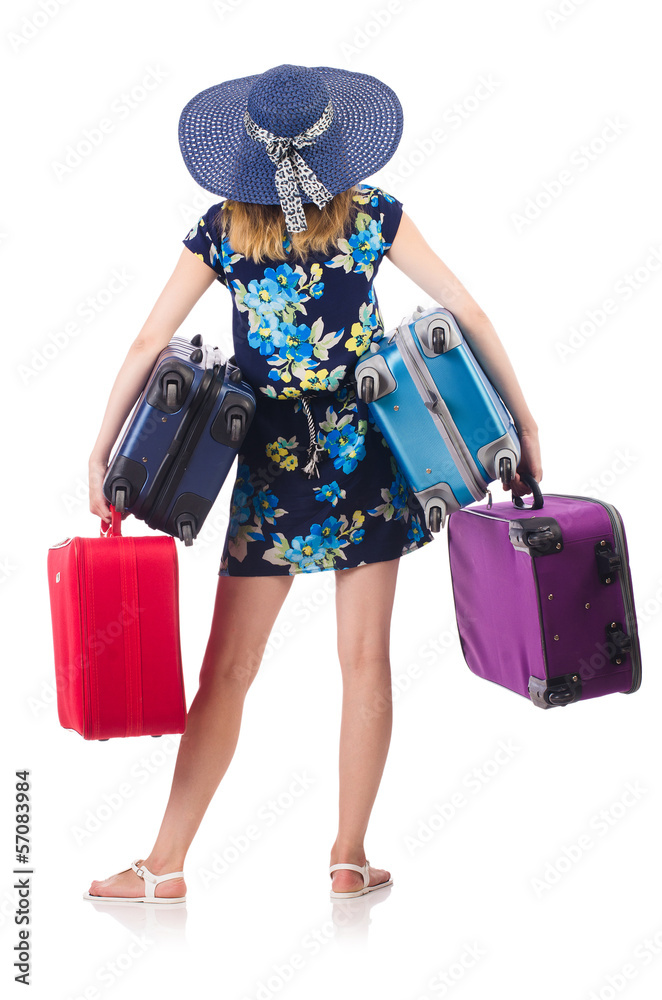 Woman with suitcases isolated on white Woman with suitcases isolated on white