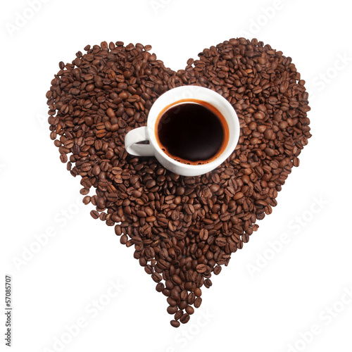 Cup of coffe with coffe beans as hearth
