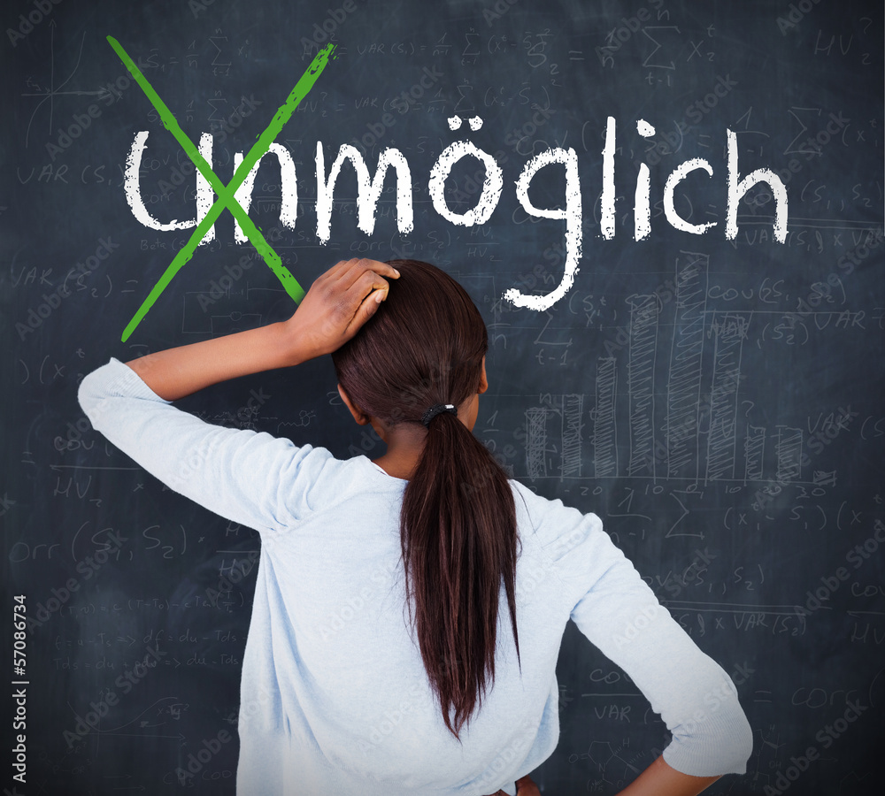 Attractive woman looking at a chalkboard with success in german Attractive woman looking at a chalkboard with success in german