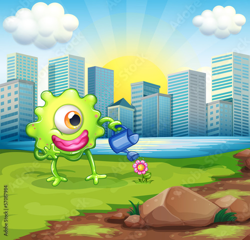 A monster watering the plant at the riverbank across the buildin