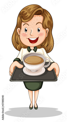 A happy businesswoman holding a tray with a cup of choco
