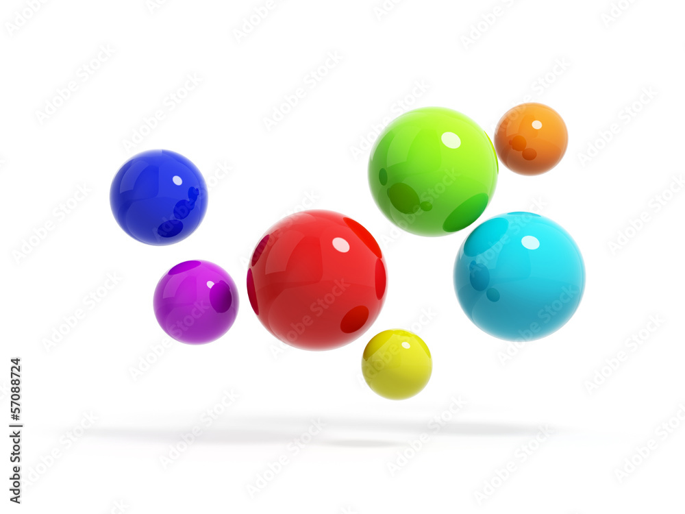 Seven colorful glossy spheres flying isolated on white Seven colorful glossy spheres flying isolated on white