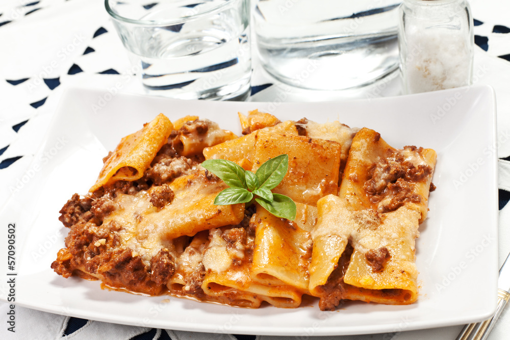 pasta with bechamel and meat sauce and tomatoes pasta with bechamel and meat sauce and tomatoes