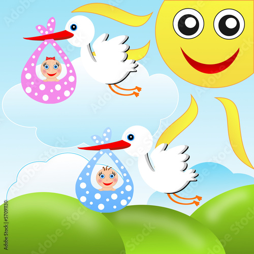 storks carry babies on a background blue sky