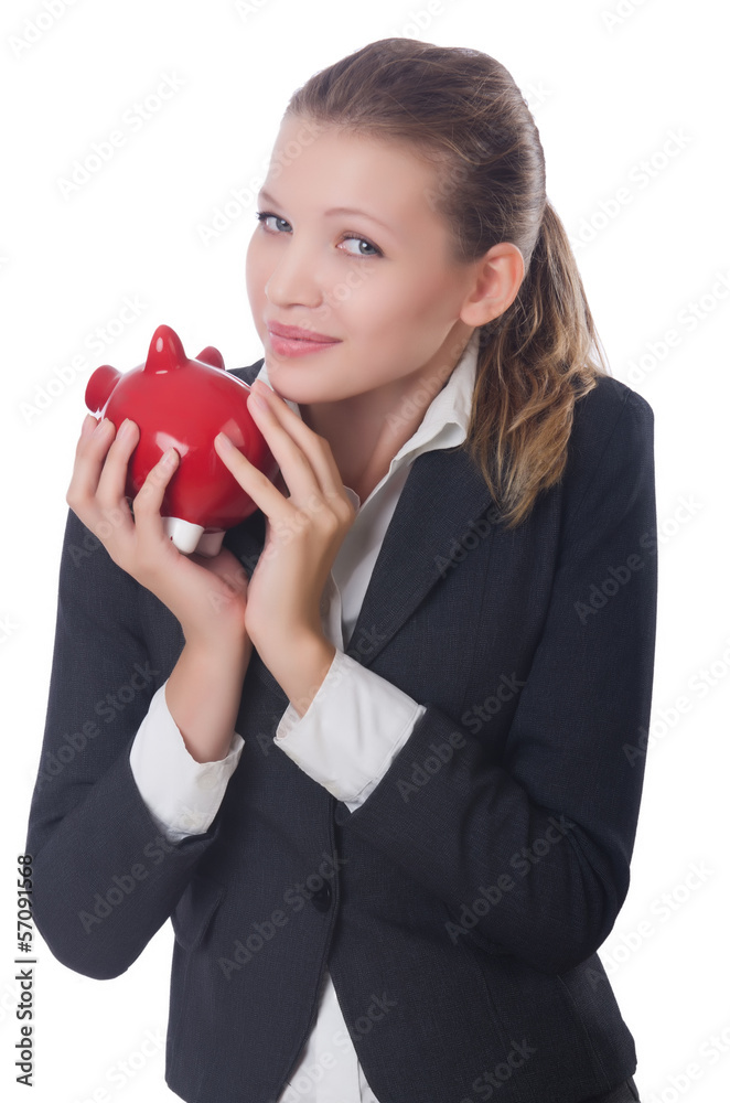 Woman businesswoman with piggybank on white Woman businesswoman with piggybank on white