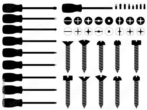 Screwdrivers and screws illustrated on white