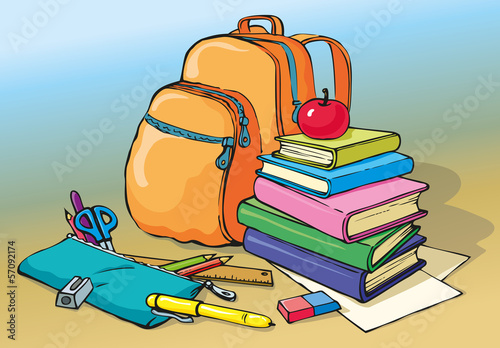 Vector still life school accessories. Books and  backpack