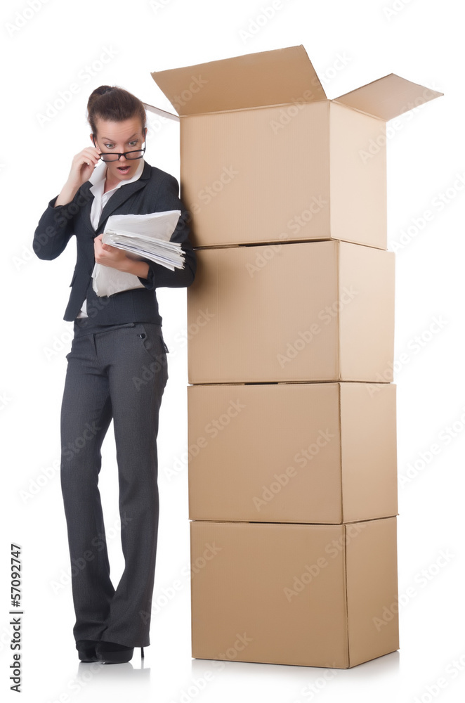 Woman businesswoman with boxes on white Woman businesswoman with boxes on white