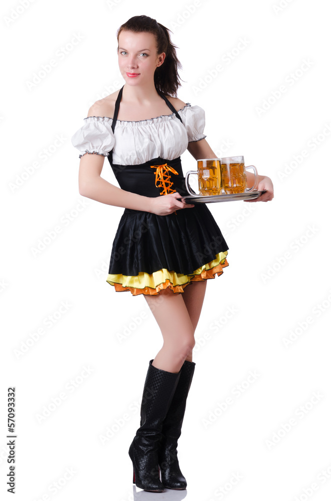 Young waitress with beer on white Young waitress with beer on white