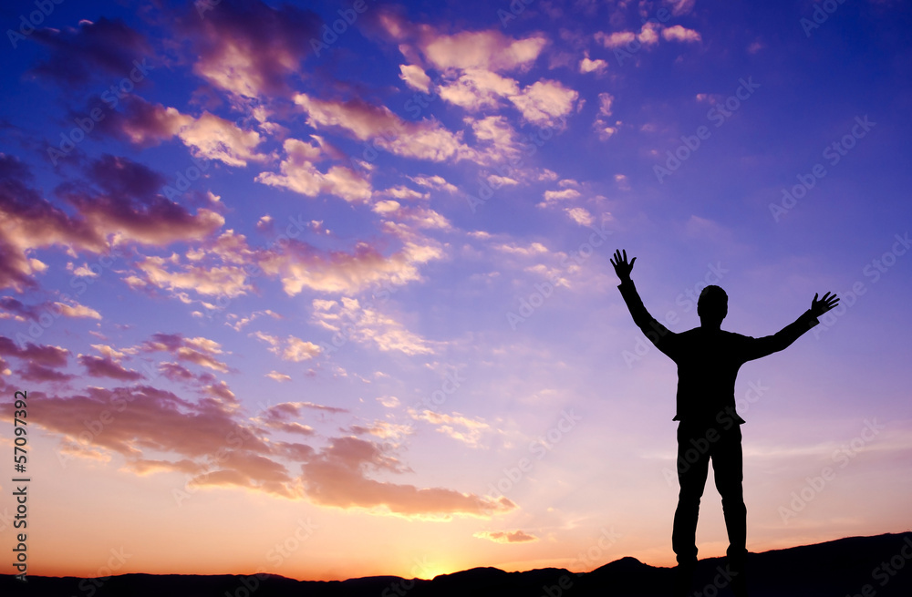 Freedom concept, businessman standing on top mountain